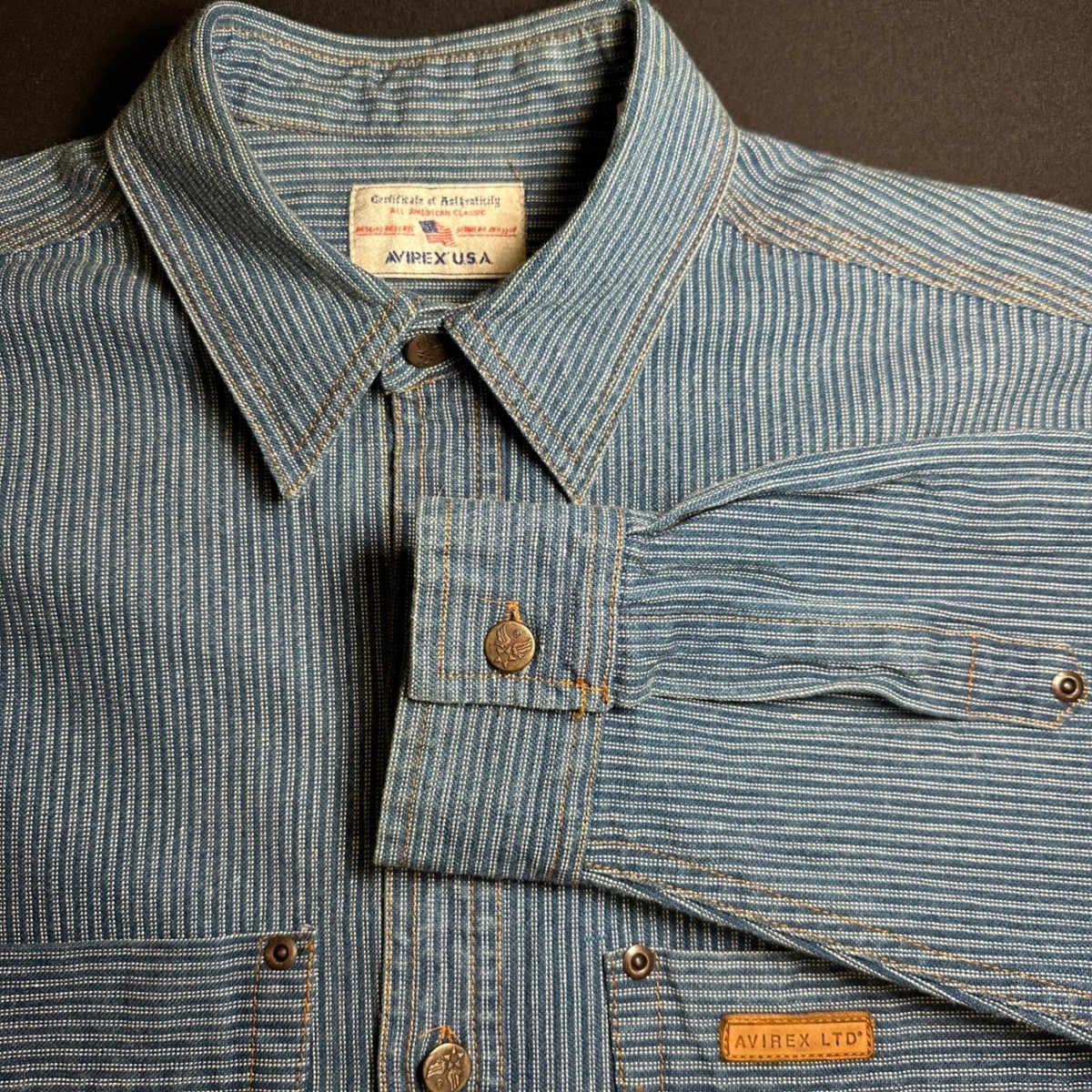 VTG Avirex Jacket Mens Medium Blue Denim Hickory Stripe Button