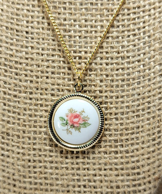 Vintage Gold Rose Floral Victorian Revival Pendant Necklace 16''