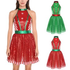 Women Xmas Dress Role Play Christmas Color Block Candy Cane Festival Sequins