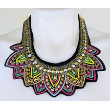 Collar Bib Choker Necklace Tribal Ethnic Colorful Beaded Brass Silver Metallic