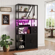 Bar Cabinet with Wine Rack, Liquor Stand with Glass Holder & LED Lights