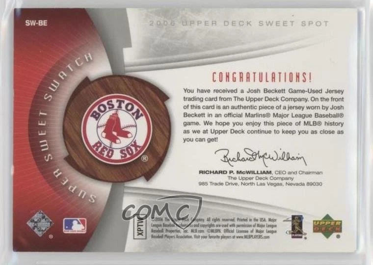 2006 Upper Deck Sweet Spot Super Sweet Swatch /299 Josh Beckett #SW-BE - Image 2 of 2