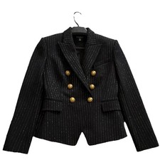 Balmain Pinstripe Double-Breasted Black Gold Women's Blazer Jacket Size 38