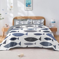 Quilt Set Twin Size, Coastal Fish Ocean 2 Pcs Soft Bed Cover Bedding Set, Nautic