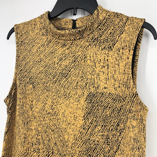 Sharagano Bodycon Dress Yellow Black Print Mock Neck Sleeveless Stretch Size 8 - Picture 2 of 7