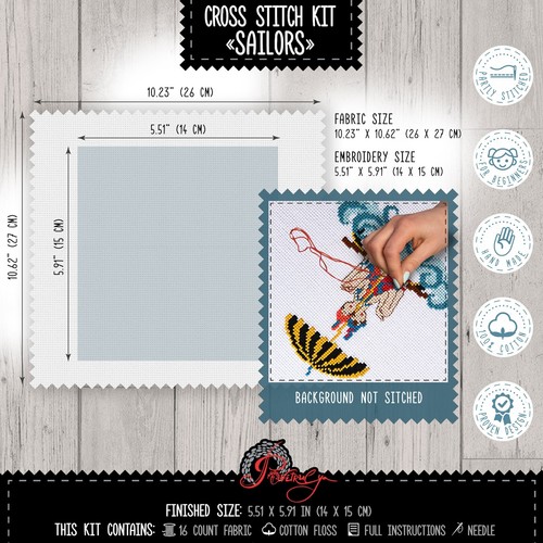 Sailors cross stitch kit - Swimmers embroidery kit with counted pattern - Bild 3 von 9