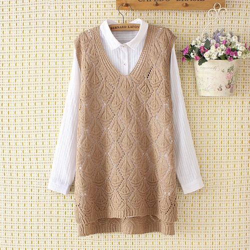 Women Mid-Length Xl Hollow Knit Waistcoat V-Neck Hand Knitted Waistcoat Vest - Picture 9 of 14