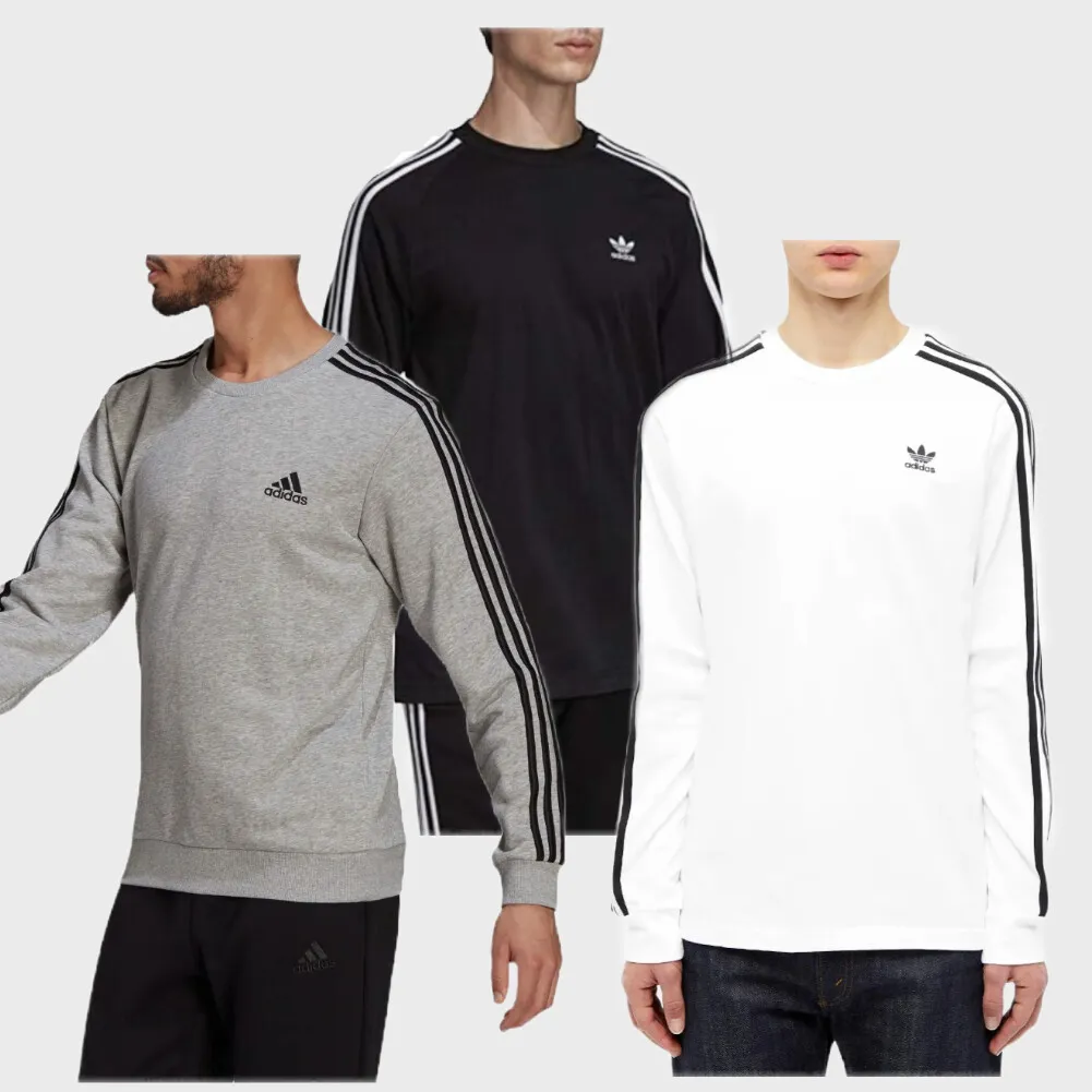 Adidas Men\'s Long Sleeve Shirt 3-Stripe Adicolor Classics Ribbed Crewneck  Tee | eBay