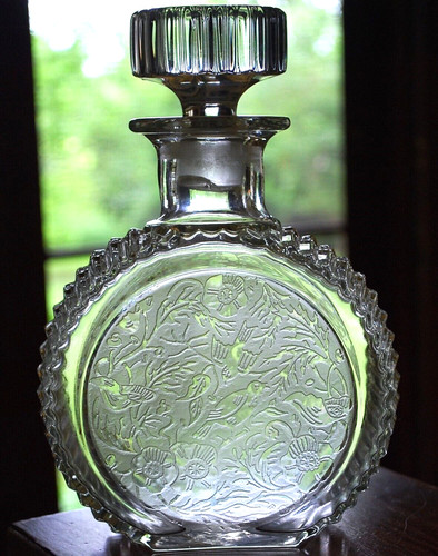 Vtg ART DECO Glass Decanter & Stopper PADEN CITY SPRING ORCHARD Etched Birds