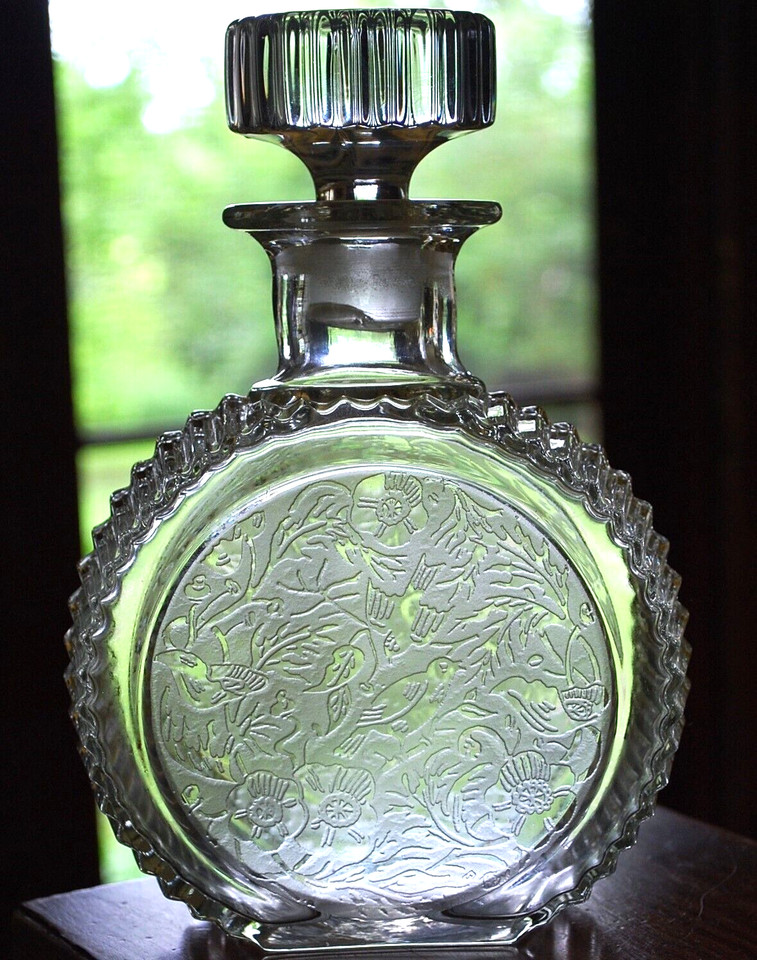Vtg ART DECO Glass Decanter & Stopper PADEN CITY SPRING ORCHARD Etched Birds