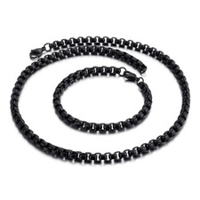 Black Stainless Steel Jewelry Set 6mm Chunky Box Rolo Chain Necklace Bracelet