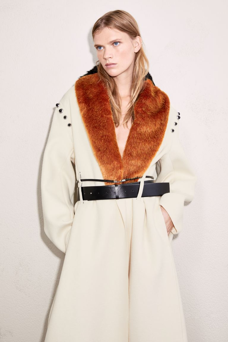 Toga Archives X H&M HM Faux Fur-Collared Wool Coat Beige M L