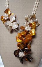 Double Strand Pearl and Glass Flower Statement Necklace