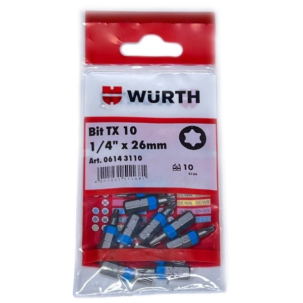 WüRth 10X TX10 Bit 1/4 Zoll X 26Mm Tx 10 C 6,3 Antrieb Schrauben 06143110-image