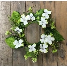 New Spring Summer Farmhouse WHITE DOGWOOD FLOWER CANDLE RING Floral Wreath 4.5"