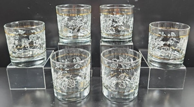 6 Pasabahce Floral Double Old Fashioned Set Clear Gold Trim Tumblers Turkey Set