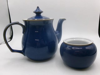 Denby Blue Stoneware Teapot with Lid and Sugar Bowl Set