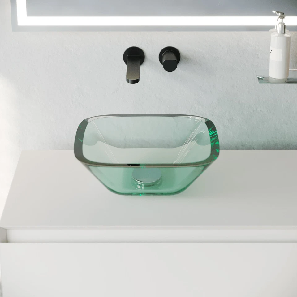 Fregadero cuadrado de vidrio para baño con drenaje mini cuenco de baño suministro para renovadores Foto 2 de 4