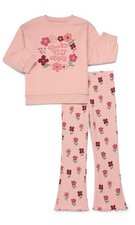 Girls Floral Sweatshirt Ribbed Pants Set, Ruffle Accent, Pink, 2 Piece, 4