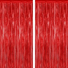 2-Pack Red Tinsel Fringe Curtains 3.28'x7.05' Foil Metallic Party Backdrop