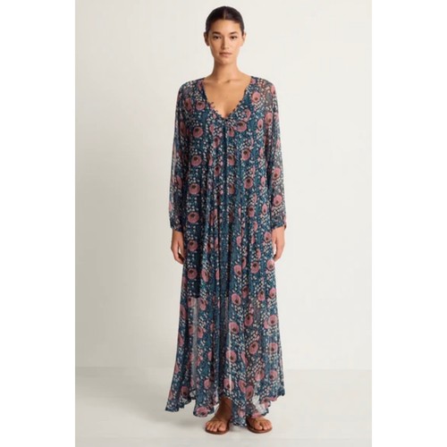 Natalie Martin Fiore Maxi Long Dress Vintage Flowers Indigo Teal Dress Boho XS