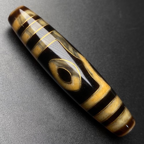 Rare Tibetan Buddhism Agate Inlaid Gold Wire 3 Eyes Totem Dzi Bead Pendant G4547