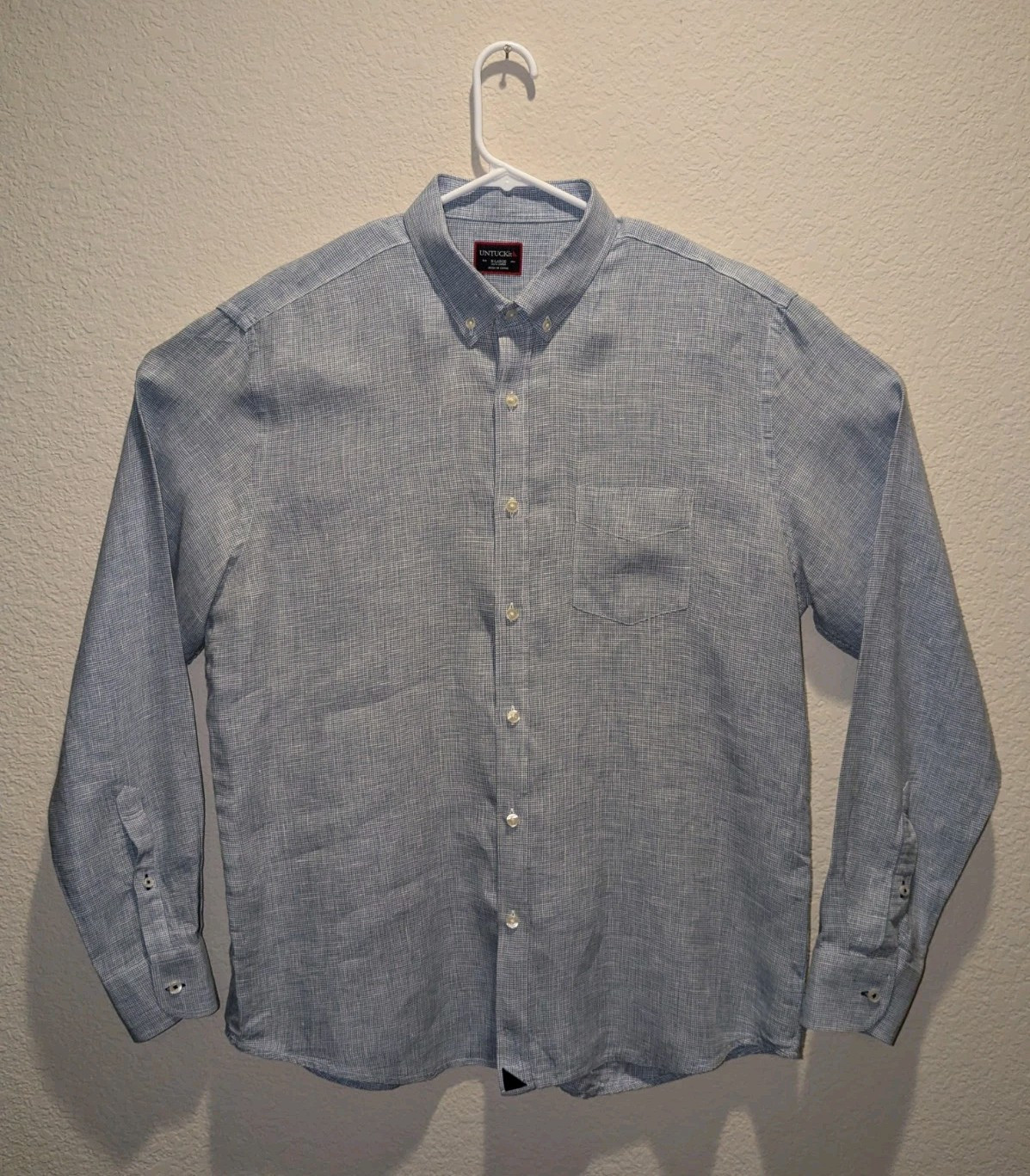 UNTUCKit Shirt Mens 100% Linen Blue Microcheck LS Button Down - XL