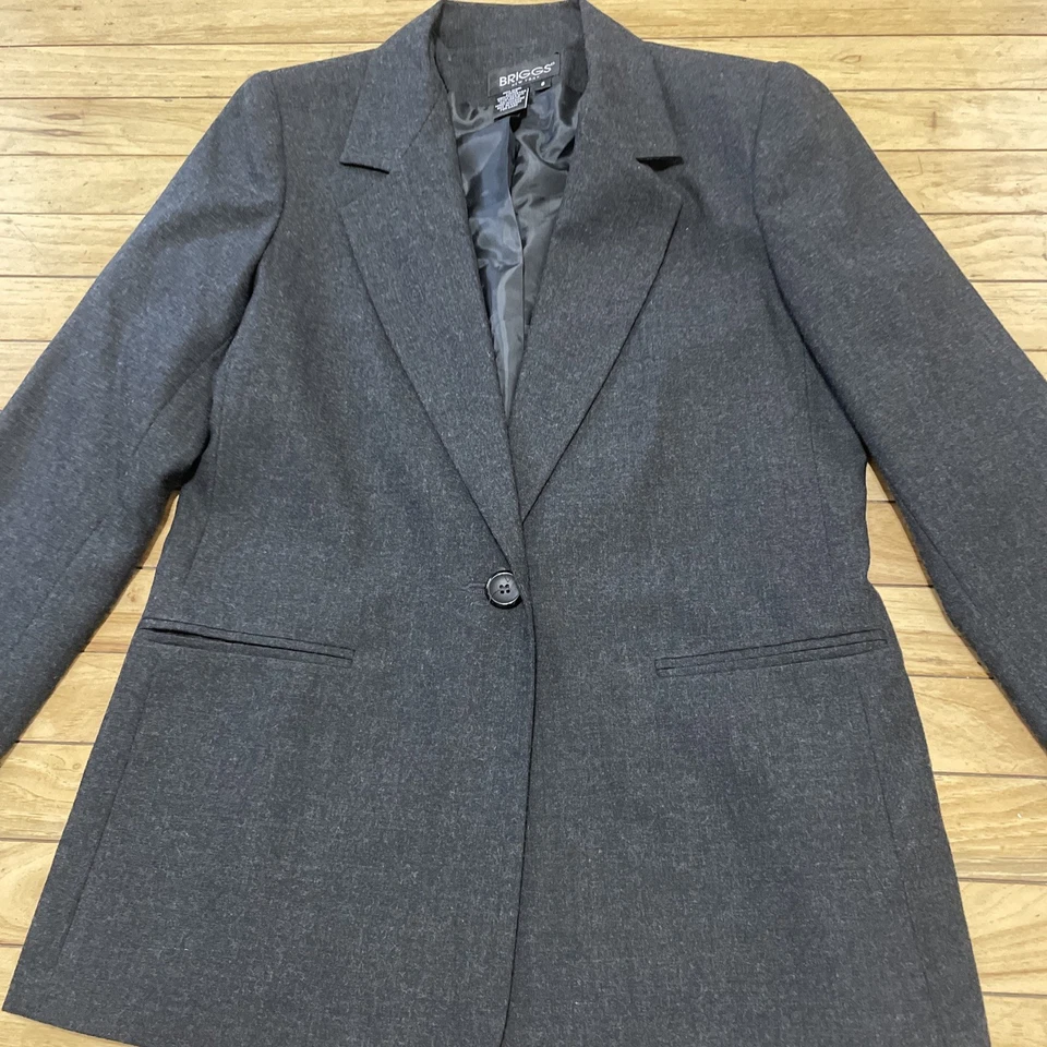 Blazer Briggs NY 100 % Lana Traje Chaqueta Mujer 8 Gris Carbón 1 Botón Corte Moderno Foto 4 de 4