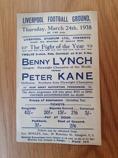 1938 Benny Lynch vs Peter Kane at Liverpool Football Ground Pocket sized card.