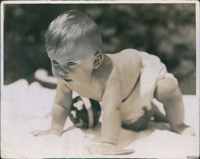 Adorable Baby Adopts Three Point Stance At Kick-Off Infants Vintage Photo 8x10