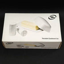 Macys The Cellar WHITEWARE Covered Stoneware Butter Dish Salt Pepper Set NEW NIB