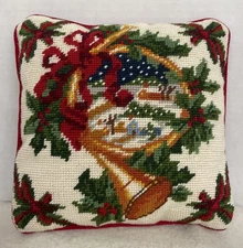 Christmas Needlepoint Pillow Home Holly French Horn Red Velvet  9”x9”