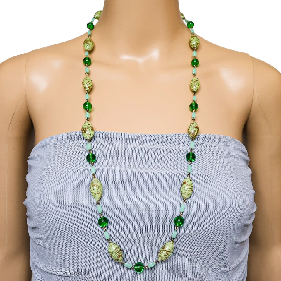 Collar Vintage Murano Verde Arte Vidrio Aventurina Cobre Manchas Largo 33" Foto 2 de 4