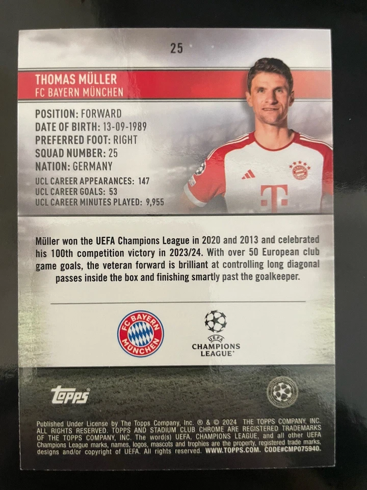 Thomas Müller 2024 Topps Stadium Chrome /175 #25 FC Bayern München Star - Bild 2 von 2
