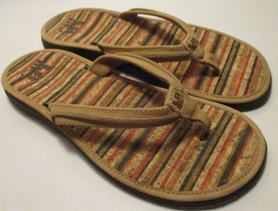 New LAMO Sunburst Womens 10M Chestnut Leather Upper, Cork Comfortable Flip Flops