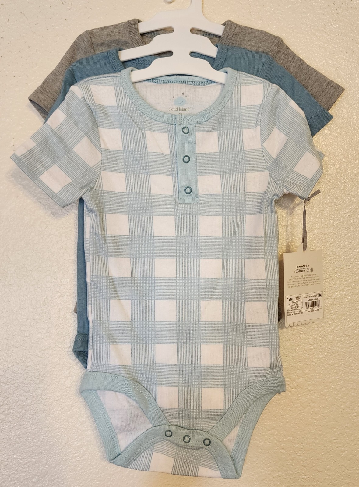 Set of 3 ☁️Cloud Island One Piece Henley Short Sleeve Bodysuit - Size 12 Months