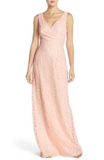 $300 Donna Morgan Lark Surplice Bodice Lace Column Gown wedding PROM  PEARL PINK