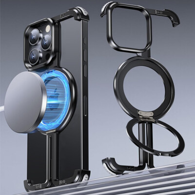  For iPhone 16 Pro Max 15 14 13 Frameless Magnetic Metal Ring Stand Case Cover