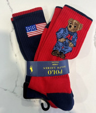 POLO RALPH LAUREN BIG BEAR FLAG 2-PACK SOCKS RED/BLUE SIZE 10-13 NEW W/TAGS