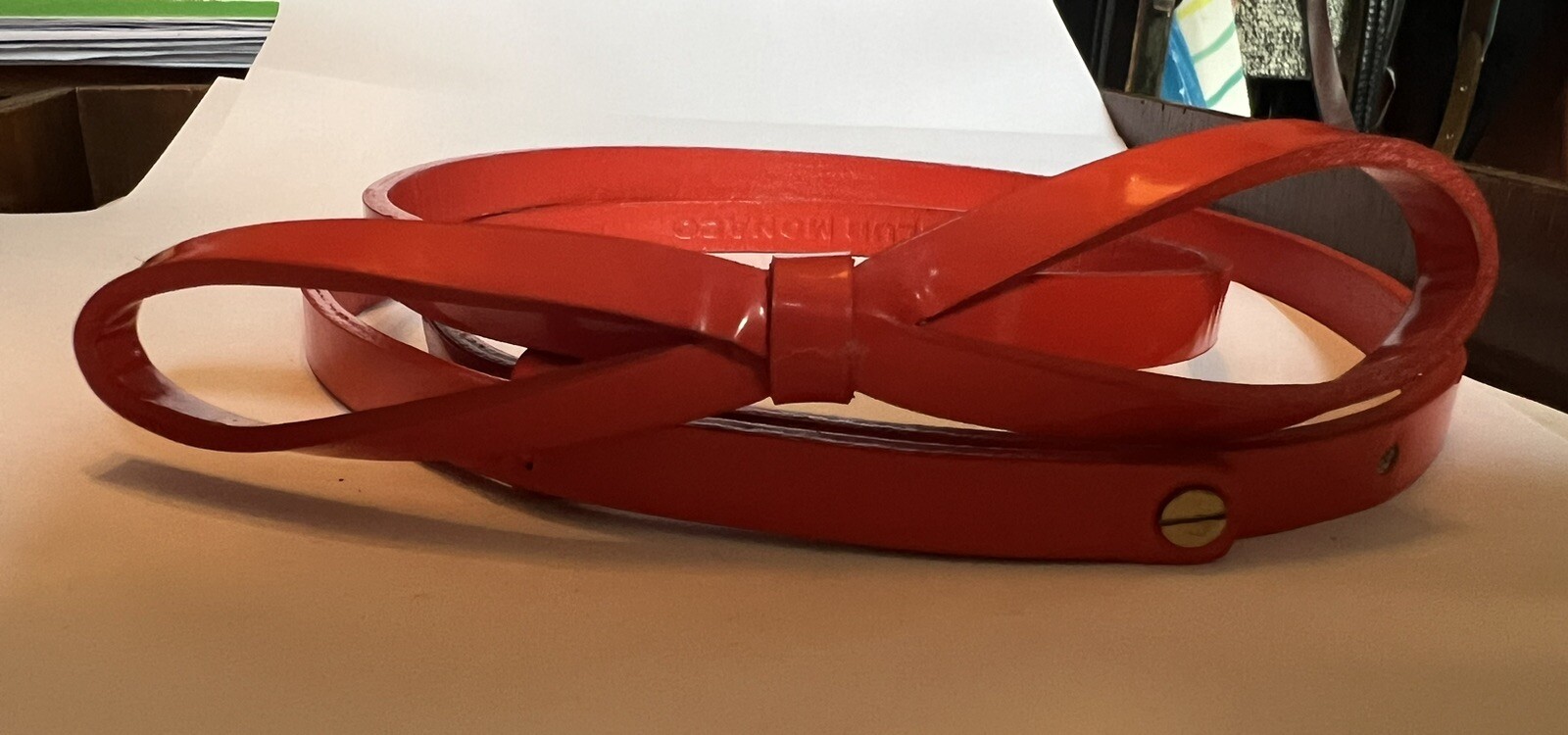 "Club Monaco Women's 1/2\" Skinny Leather Belt LARGE Orange Red BOW ZZ6"