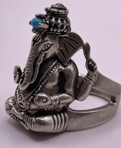 Lord Ganesha Sterling Silver 925 Turquoise India Elephant Ring Size 9.5 (16.0g) - Picture 3 of 10