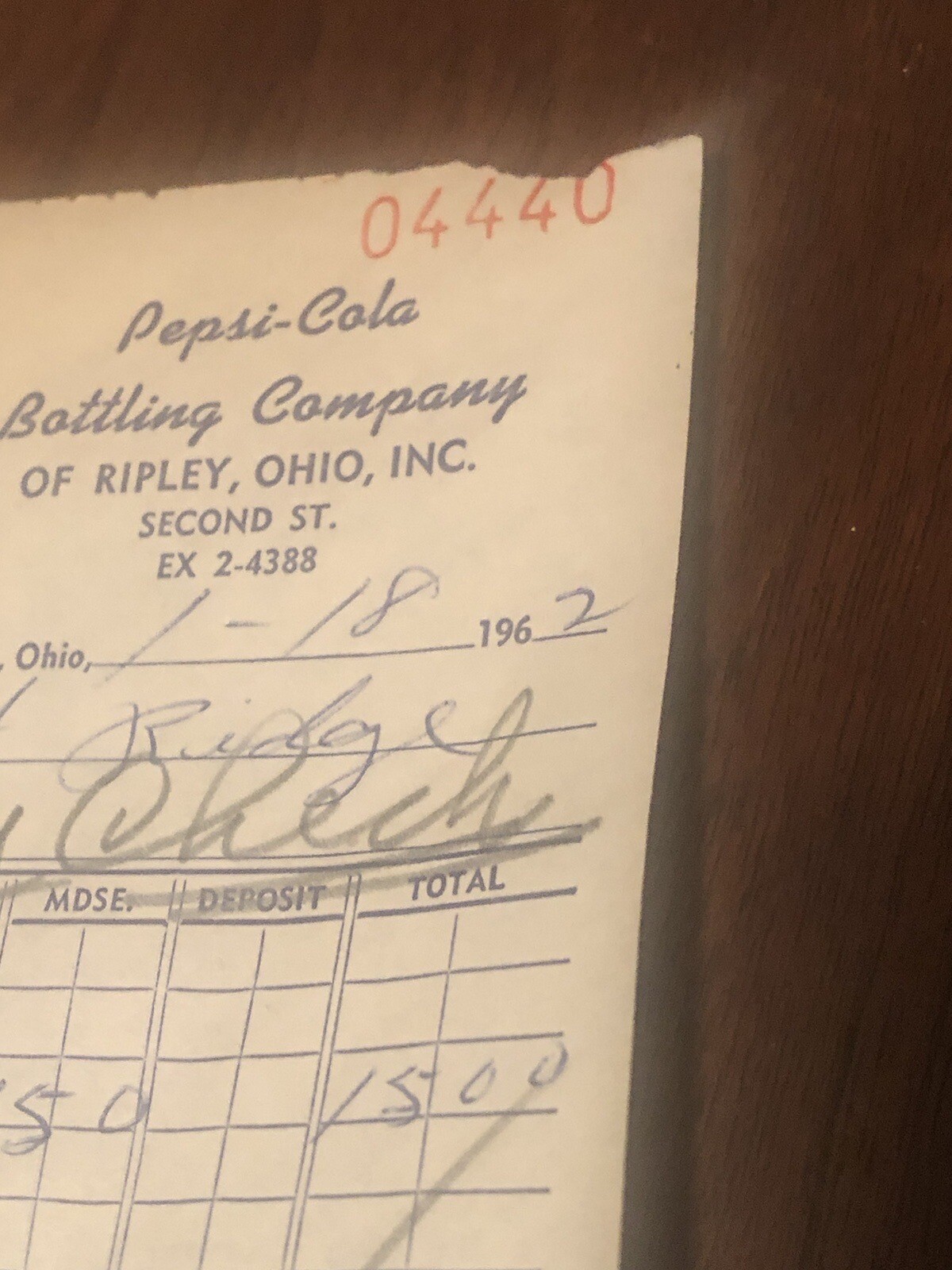 1962 Ripley Ohio Pepsi Cola Bottling Co Receipt Vintage Paper Ephemera