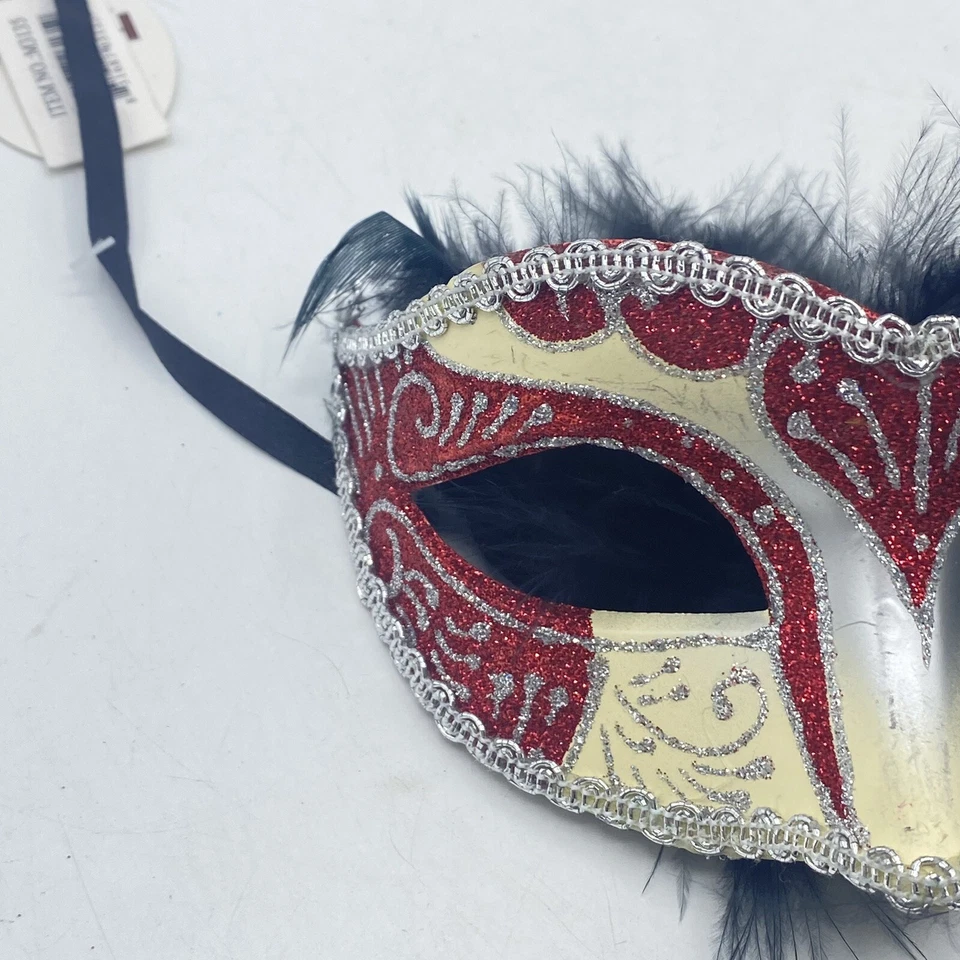 Red Silver Masquerade Mask With Feathers Venetian For Women KBW NWT - Image 4 of 4
