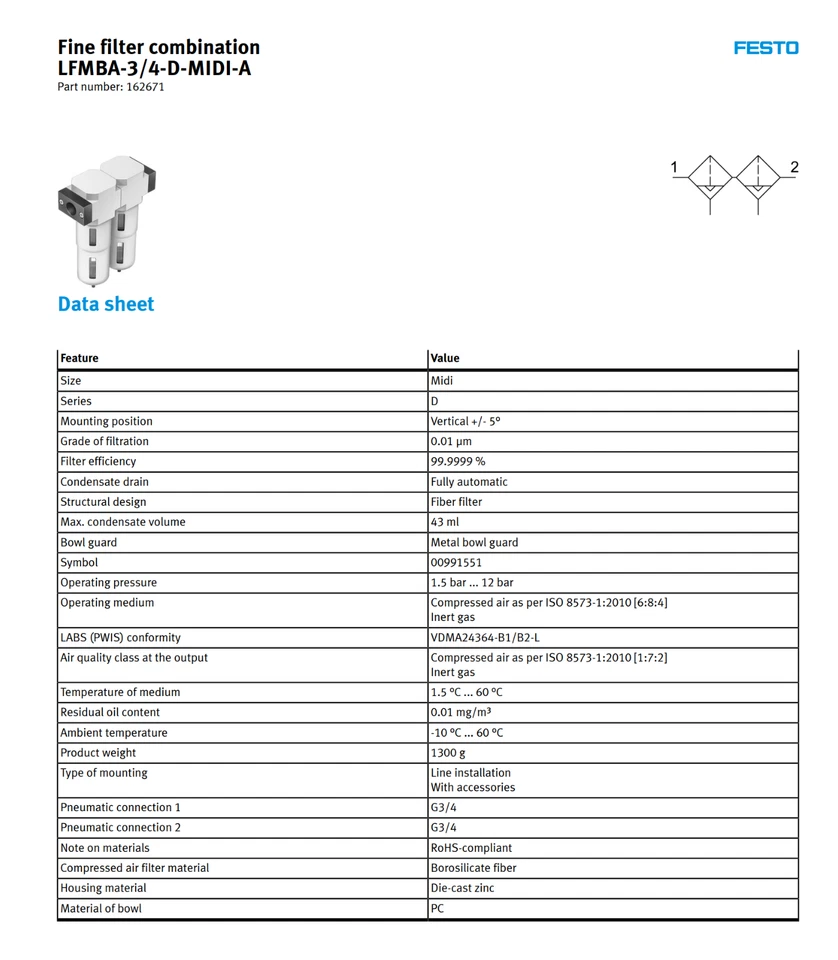 Festo Fine filter combination LFMBA-3/4-D-MIDI-A  162671  0.01 um - Image 2 of 4