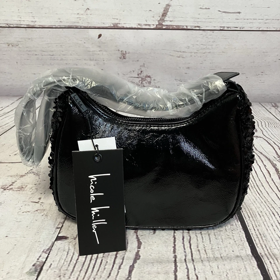 Nicole Miller Black Sequin Shoulder Handbag Evening Bag Small Black Tie - Image 3 of 4