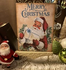 RETRO Santa with Gift, MERRY CHRISTMAS,  MiniHandcrafted Plaque / Sign