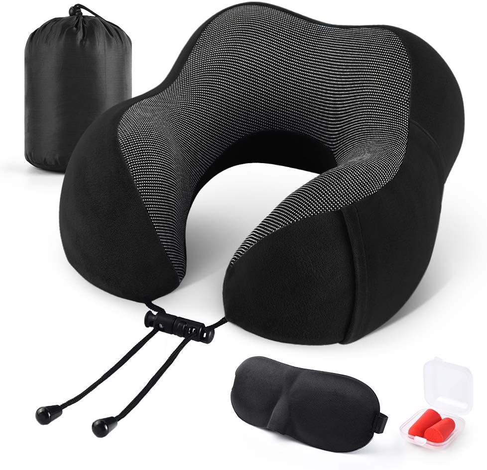 Travel Pillow 100% Memory Foam Pillow, Neck Pillow for Airplane, Neck & Head Sup