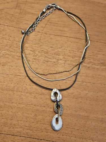 SIGNED CHICOS 20" black silver gold tone pendant multi mtl chain strand Necklace