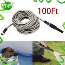 NEW 100FT Stainless Steel Metal Garden Water Hose Pipe Flexible Lightweight