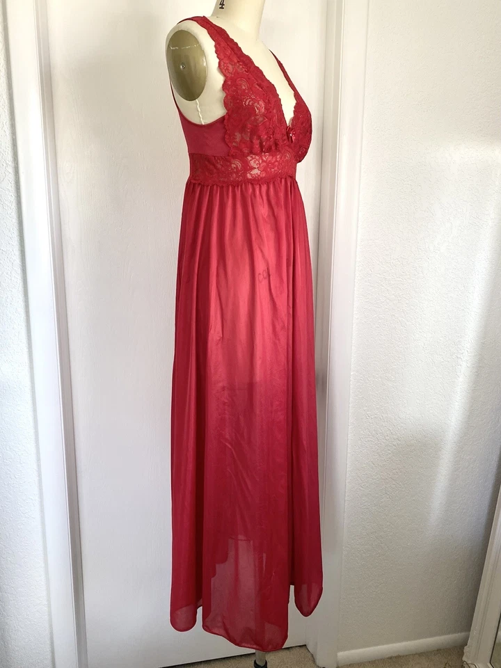 Vintage Red Shadowline “Olga Esque” Sweep Lace Long Nightgown Sz M - Image 3 of 4